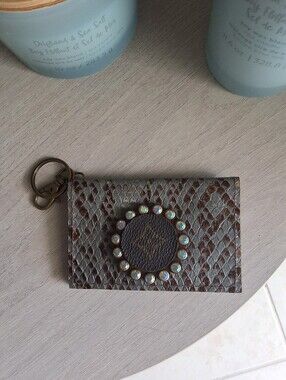 Trendy Upcycled Leather Keychain/Card Holder with Embossed Leather Emblem - NWT